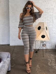 Kliou Stripes Print 2 Pieces Set Women Tracksuit Slash Neck Half Sleeve Crop Tops+Capri Pants Casual Chic Street Sporty Suits - Grey - View 3