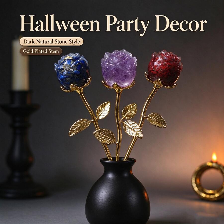 1pc Unisex Natural Stone Chips Rose Gold Plated Stem Handmade Resin Craft Elegant Table Centerpiece Home Decor For Valentine Christmas Thanksgiving Gift - Multicolor - View 1