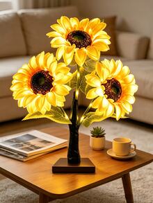 1PC 3 Sunflower Glowing Tree Lamp 45CM, Single Flower Head 15CM, USB & Battery Dual-Use Warm Light, Artificial Sunflower Table Lamp, Room Decor, Wedding Party Holiday Atmosphere Decorative Ornament - Warm White - View 4