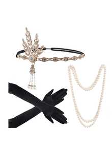 1 Set Of 4 Pieces 1920s Women's Party Accessories Set, Flapper Headband, 20s Headpiece, Necklace, Gloves Prom Halloween - Gold - View 8