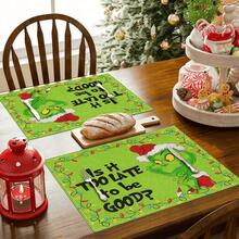 The Grinch Christmas Placemats, 4-Piece Set, Christmas Cartoon Table Decor Mats, Table Protection Pads, Suitable For Winter Christmas Table Setting, Family Holiday Gathering, Christmas Theme Dinner, Holiday Tabletop Decoration, Universal Table Size, Washable, Non-Slip And Wear-Resistant, Linen Material - Green - View 1