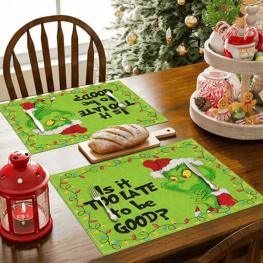 The Grinch Christmas Placemats, 4-Piece Set, Christmas Cartoon Table Decor Mats, Table Protection Pads, Suitable For Winter Christmas Table Setting, Family Holiday Gathering, Christmas Theme Dinner, Holiday Tabletop Decoration, Universal Table Size, Washable, Non-Slip And Wear-Resistant, Linen Material - Green - View 1
