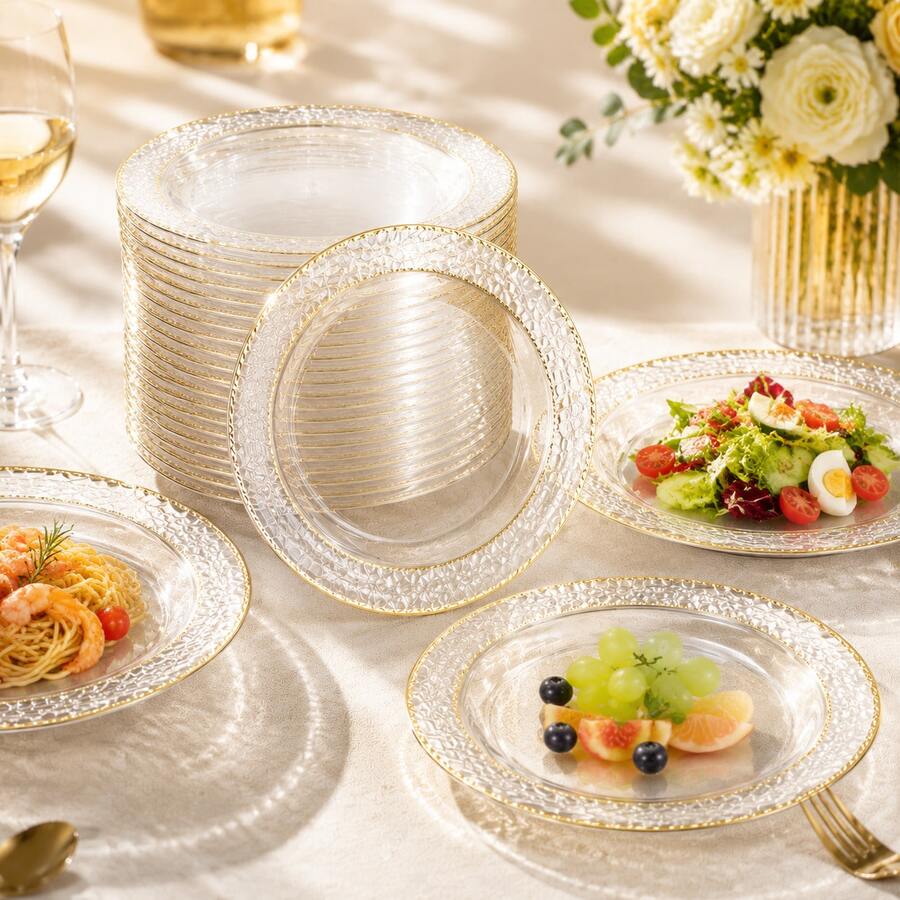 50/25/20/10pcs Dragon Scale Pattern Gold Rim Plates Set, 7.5 Inch/10.25 Inch Reusable Plates, Food Trays, Fruit And Snack Platters, Dessert And Salad Plates, Cheese And Candy Trays, Multi-Purpose Tableware For Party, Wedding, Birthday, Picnic, Holiday Events, Easy To Clean, Suitable For Home And Event Elegant Table Setting