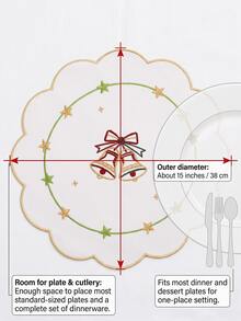 1-12pcs White Christmas Bell Embroidered Placemats, Luxury Fabric Petal Wave Edge Gold Trim Decorative Heat-Resistant Table Mats, Christmas Table Decor - Multicolor - View 3