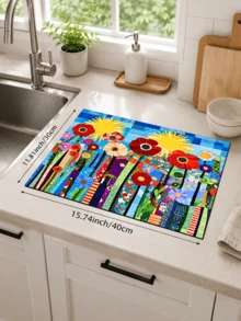 1pc Colorful Floral Patchwork Kitchen Dish Drying Mat, Rectangular Absorbent Countertop Mat, Garden Sunflower Art Pattern Sink Mat Coffee Machine Mat, Spring Summer Kitchen Dining Room Home Decor - Multicolor - View 8