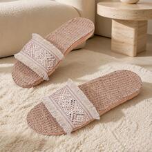 Women's Woven Fringe Open Toe Flat Slide Sandals, Boho Casual Summer Slip-On Shoes - Gold - View 5