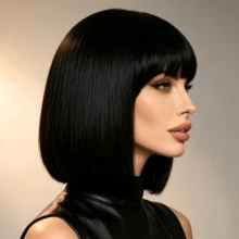 Women's 12 Inch Black Bob Wig With Straight Bangs, Natural Look, Suitable For Daily Wear, Holiday Parties, Cosplay - Black - View 4