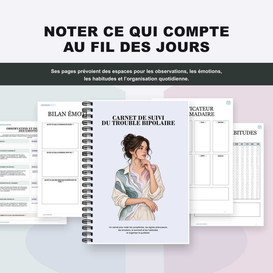 Planners For Daily Mood And Routine Tracking, French-Language Edition With Emotion, Sleep And Habit Check-Ins, Trigger And Thought Pattern Pages, Monthly, Weekly And Daily Schedules, Reflection Prompts, Gratitude, Goals And Notes - A5 - View 1