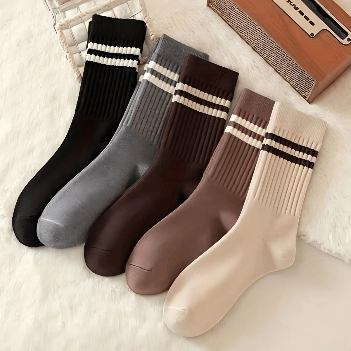 1/5 Pairs Brown Double Stripe Mid-Calf Socks, Comfortable Casual Versatile Women's Men's Socks, All Seasons Applicable - Multicolor - View 1