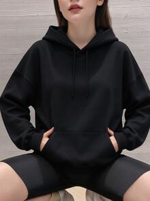 Solid Color Blank Loose Fit Sweatshirt, Minimalist All-Match Drawstring Kangaroo Pocket Pullover Sweatshirt, Street Casual Long Sleeve Top, Versatile Layering Everyday All-Match - Black - View 3