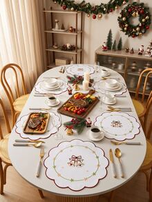 1-12pcs White Christmas Bell Embroidered Placemats, Luxury Fabric Petal Wave Edge Gold Trim Decorative Heat-Resistant Table Mats, Christmas Table Decor - Multicolor - View 16
