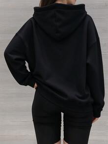 Solid Color Blank Loose Fit Sweatshirt, Minimalist All-Match Drawstring Kangaroo Pocket Pullover Sweatshirt, Street Casual Long Sleeve Top, Versatile Layering Everyday All-Match - Black - View 4
