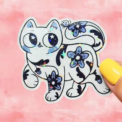 Floral Pattern Blue Cat Fresh Natural Cute Cartoon Stickers - Waterproof Vinyl Stickers - Durable Matte Surface, Self-Adhesive Bumper Stickers, Suitable For Cars, Windows, Laptops, Trucks, Water Bottles - Multi-Functional Durable Design, Car Stickers