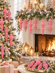 6/12pcs - 7 Inch Velvet Christmas Ornaments With Hanging Loops, Shatterproof, Suitable For Christmas, Wedding And Holiday Home Decor (Pink) - Pink - View 11