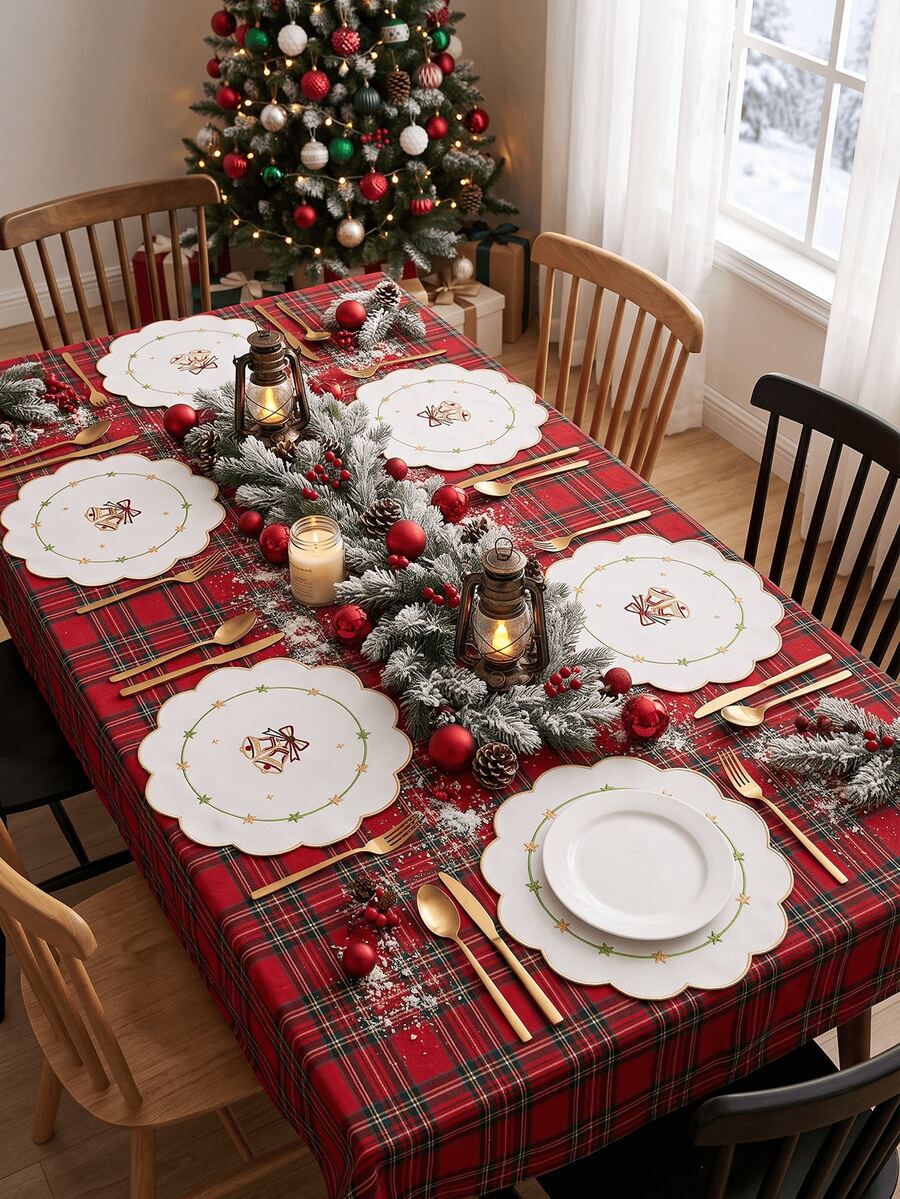 1-12pcs White Christmas Bell Embroidered Placemats, Luxury Fabric Petal Wave Edge Gold Trim Decorative Heat-Resistant Table Mats, Christmas Table Decor - Multicolor - View 1