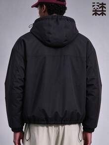 MULINSEN Men's Loose Hooded Windbreaker Jacket, Zip‑Up Graphic Print Outerwear With Zipper Pockets & Drawstring Hem For Outdoor Streetwear - Black - View 5
