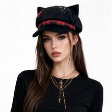 2pcs/Set Topi Beret Punk Keren dengan Telinga Kucing & Kalung Manik-Manik Salib Berlapis, Aksesori Pakaian Unik dan Personal - MultiWarna - View 7
