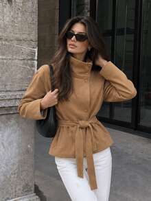 GDDYIN Women's Suede Belted Jacket With Trumpet Collar, Button Front Design, Long Sleeve Regular Length, Suitable For Autumn/Winter Wear - Khaki - View 9