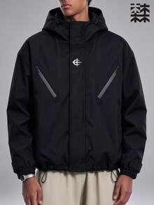 MULINSEN Men's Loose Hooded Windbreaker Jacket, Zip‑Up Graphic Print Outerwear With Zipper Pockets & Drawstring Hem For Outdoor Streetwear - Black - View 4