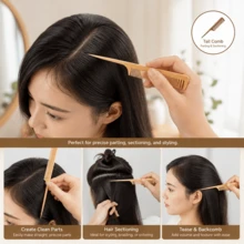 4pcs Wooden Hair Comb Set, Bamboo Wide Tooth Comb, Rat Tail Comb, Solid Wood Triple Row Bristle Brush, Wooden Round Styling Comb, Suitable For Daily Hair Styling - Multicolor - View 3