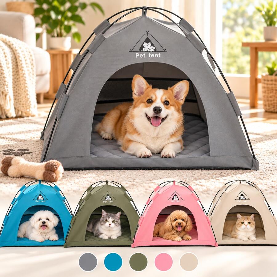 Portable Pet Tent With Soft Thick Padded Mat, Foldable Cat And Dog Indoor/Outdoor Resting Tent, Lightweight Breathable Pet Camping Bed