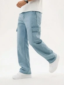 Men's Casual Loose Fit Cargo Pocket Wide Leg Jeans - Light Wash - View 5