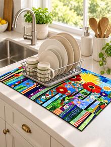 1pc Colorful Floral Patchwork Kitchen Dish Drying Mat, Rectangular Absorbent Countertop Mat, Garden Sunflower Art Pattern Sink Mat Coffee Machine Mat, Spring Summer Kitchen Dining Room Home Decor - Multicolor - View 2