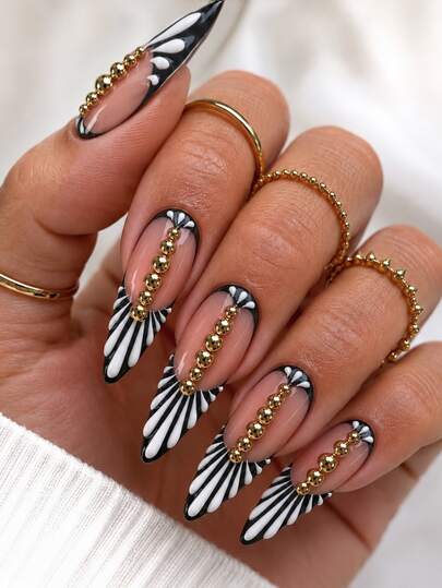Monina Autumn Celebration Style 24pcs Radial Feather Pattern Long Pointed Exquisite Fake Nails With Gold Bead Inlay, Fallen Leaf Ball Atmosphere, High-End Fashion Versatile Autumn/Winter Wearable Nails For Home Party Manicure