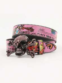 1pc Unisex Multi-Color Large Skull Punk Black Rhinestone Belt, Rhinestone Soldier Belt, Western Cowboy Y2K Fashion Belt, Hip Hop Graffiti - Multicolor - View 12