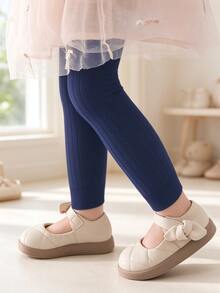 1pc Kids Fashion Autumn/Winter Warm Fitted Leggings, Knitted Fabric Solid Color Ribbed Nine-Length Dance Practice Tights, Suitable For Girls And Babies, Essential For Autumn/Winter Halloween And Christmas Outfits - Navy Blue - View 8