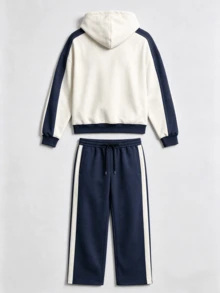 American Style Colorblock Letter Hoodie Sweatshirt Set, Navy Blue Side Stripe Straight Leg Sweatpants 2 Pieces Set - White - View 5