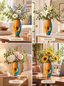 1pc Contemporary Color Block Vase With Gold-Tone Leaf Detail, Decorative Flower Vase And Tabletop Centerpiece For Living Room, Bedroom, Office, Bookshelf, Coffee Table, Entryway Home Decor - A - View 10