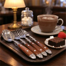 Stainless Steel Tableware Set, Light Luxury High-End Stainless Steel Table Knives, Forks, Spoons, Salad Forks, Teaspoons, Ice Cream Spoons, High-Value Practical Household Restaurant Wooden Handle Knives, Forks, Spoons - View 2