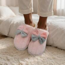 Women's Pink Plush Bow Slip-On Slippers, Indoor House Shoes - Pink - View 6