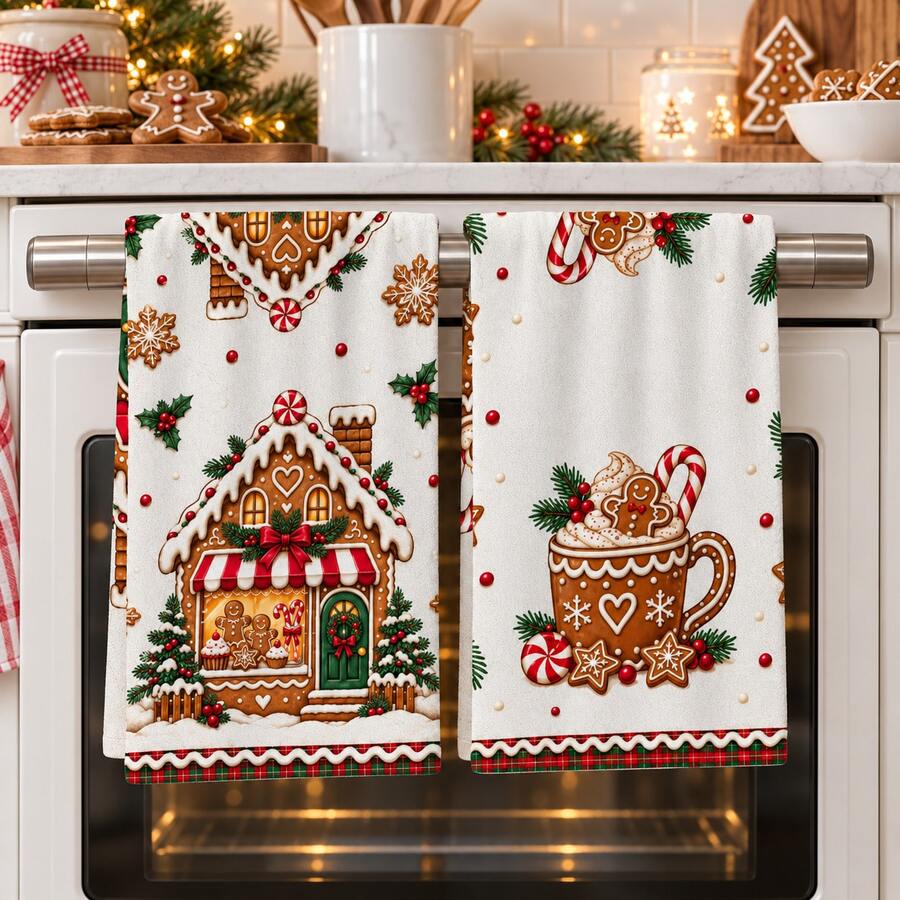 2pcs Christmas Kitchen Hand Towels, Gingerbread Man Hot Cocoa Candy Print Tea Towels, Holiday Kitchen Decor, Suitable For Kitchen Bathroom Restroom Winter Home Decor, Christmas Gift Set - Multicolor - View 1