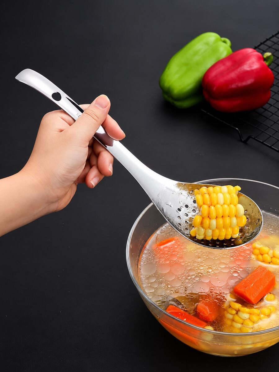 2pcs Stainless Steel Strainer Spoon, Long Handle Kitchen Colander, Perforated Serving Spoon, Suitable For Hot Pot, Soup, Pasta, Dumplings, Vegetables And Fried Foods, Cooking Utensils