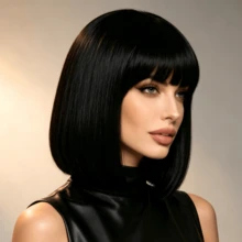 Women's 12 Inch Black Bob Wig With Straight Bangs, Natural Look, Suitable For Daily Wear, Holiday Parties, Cosplay - Black - View 7