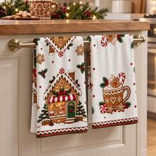 2pcs Christmas Kitchen Hand Towels, Gingerbread Man Hot Cocoa Candy Print Tea Towels, Holiday Kitchen Decor, Suitable For Kitchen Bathroom Restroom Winter Home Decor, Christmas Gift Set - Multicolor - View 5