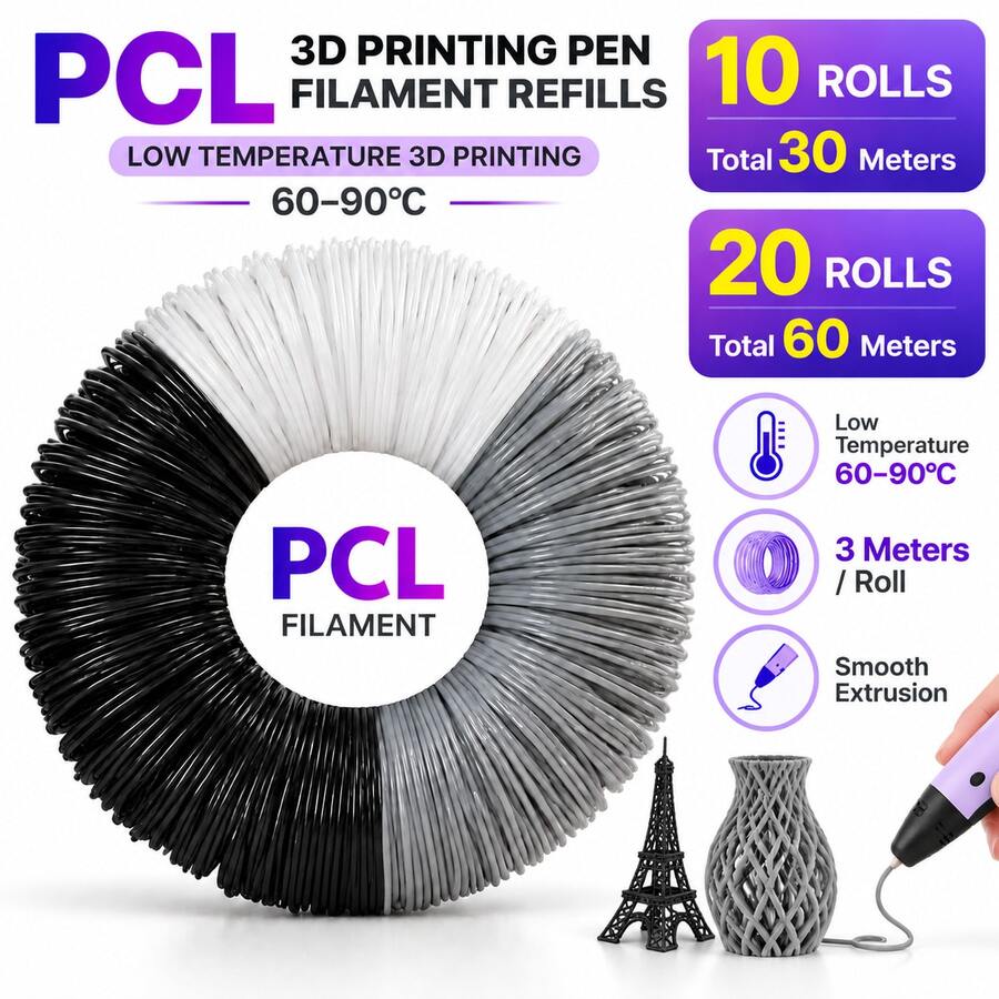 PCL 3D Printing Pen Filament Refills, 1.75mm Diameter Low Temperature Filament, 60-90°C Printing Material, Black White Gray Colors, 3m Per Roll, 10 Rolls 30m / 20 Rolls 60m Total, Smooth Extrusion For 3D Drawing Pens - View 1