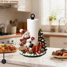 2D Flat Printing Christmas Acrylic Snowman Christmas Tree Shaped Kitchen Paper Towel Holder, 1pc Creative Christmas Theme Desktop Roll Paper Storage Rack, Holiday Atmosphere Decorative Ornament, Suitable For Kitchen, Bathroom, Living Room, Dining Room, Paper Towel Not Included - A - View 2