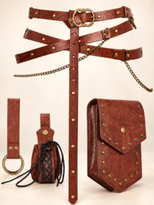 4pcs Medieval Vintage Faux Leather Multi-Strap Belt Set, Renaissance Rivet Waist Bag Small Pouch, Pirate Viking Cosplay Accessories, Suitable For LARP, Renaissance Fair, Masquerade, Halloween And Role Play - A - View 5