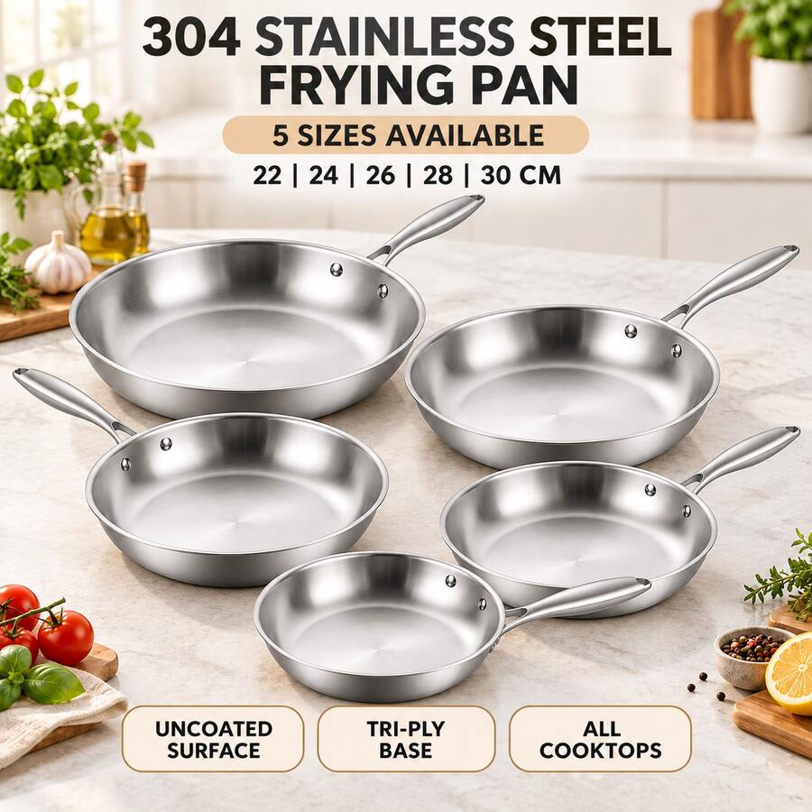 Edenberg 304 Stainless Steel Frying Pan With Textured Uncoated Surface And Tri-Ply Induction Base, 22–30 Cm - View 1