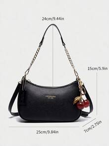 Classic Versatile Letter Graphic Design Solid Color PU Leather Crescent Shoulder/Underarm Bag,  Suitable For Shopping, Can Be Worn Crossbody - Black - View 3