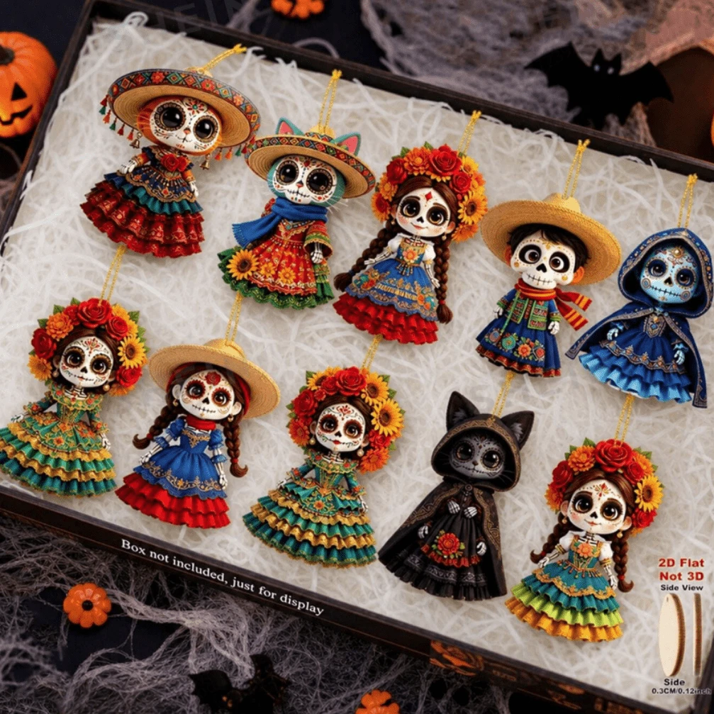 [2D Flat]10pcs/Set Candy Skull Theme Wooden Hanging Decorations - Perfect For Halloween, Day Of The Dead, Christmas, New Year, Birthday And Back To School - Suitable For Home, Office, Classroom, Car, Keychain, Phone And Outdoor Decor - Style a - View 1