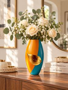 1pc Contemporary Color Block Vase With Gold-Tone Leaf Detail, Decorative Flower Vase And Tabletop Centerpiece For Living Room, Bedroom, Office, Bookshelf, Coffee Table, Entryway Home Decor - A - View 2