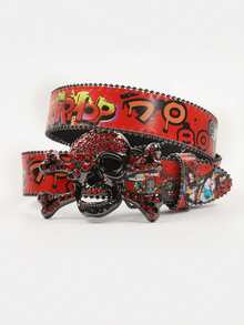 1pc Unisex Multi-Color Large Skull Punk Black Rhinestone Belt, Rhinestone Soldier Belt, Western Cowboy Y2K Fashion Belt, Hip Hop Graffiti - Multicolor - View 3