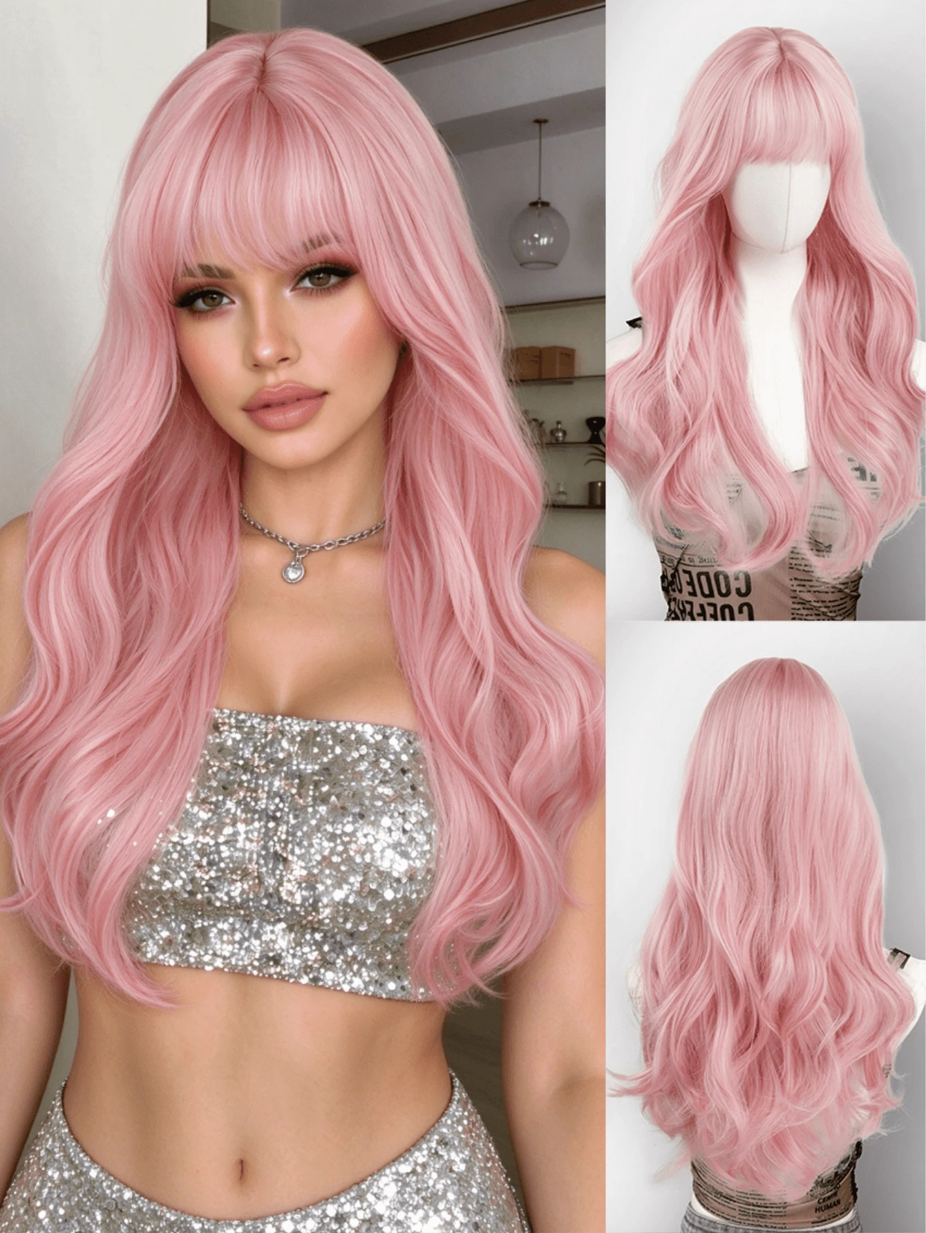 Light Pink Long Wavy Wig, Thick Bangs Design, 26 Inch Synthetic Fiber Women's Wig, Natural Look Full Head Style, Suitable For Daily Wear, Parties And Cosplay