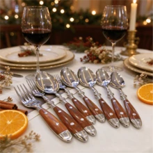 Stainless Steel Tableware Set, Light Luxury High-End Stainless Steel Table Knives, Forks, Spoons, Salad Forks, Teaspoons, Ice Cream Spoons, High-Value Practical Household Restaurant Wooden Handle Knives, Forks, Spoons - View 4