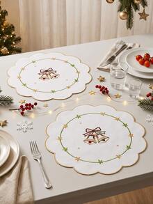 1-12pcs White Christmas Bell Embroidered Placemats, Luxury Fabric Petal Wave Edge Gold Trim Decorative Heat-Resistant Table Mats, Christmas Table Decor - Multicolor - View 12