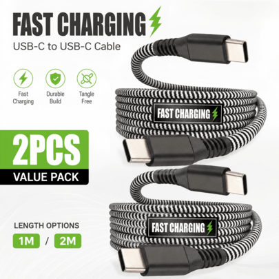 2pcs 60W PD USB-C To USB-C Nylon Braided Data Cable, 1m/2m, Durable Charging Cable, Suitable For Phone, Tablet, Laptop, Android Phone